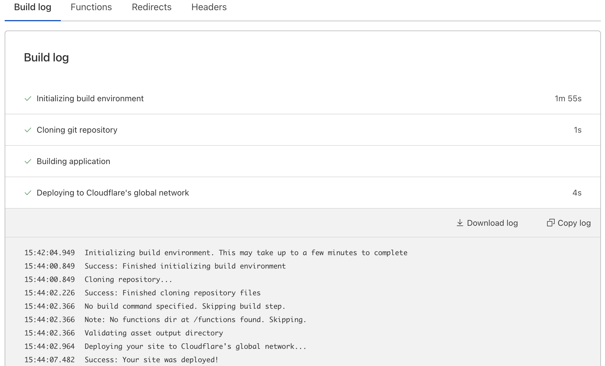 After logging in to the Cloudflare dashboard, access the build log by following the instructions above